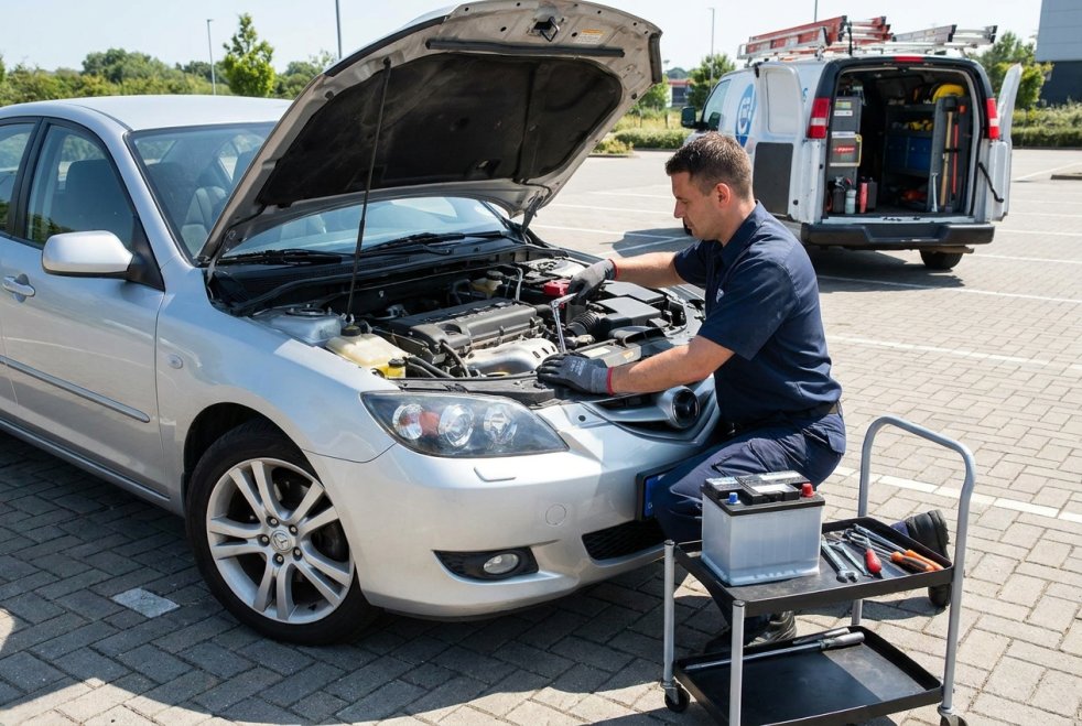 Mobile mechanic replacing a car battery in a parking lot beside a service van